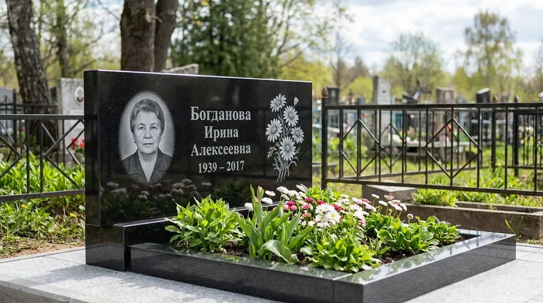 Памятник с гравировкой ромашек — выполненная работа «Богданова» в Магнитогорске