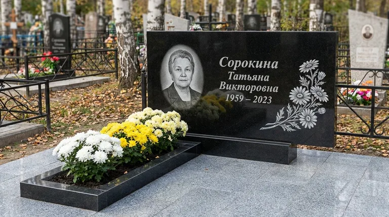Памятник с гравировкой ромашек — выполненная работа «Сорокина» в Магнитогорске