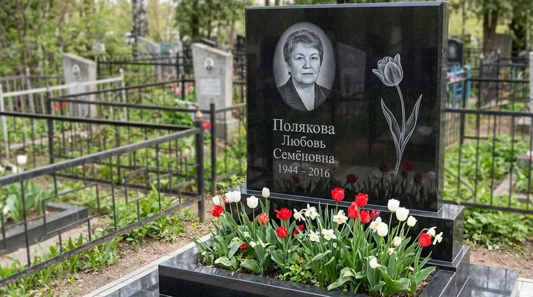 Памятник с гравировкой тюльпанов — выполненная работа «Полякова» в Магнитогорске