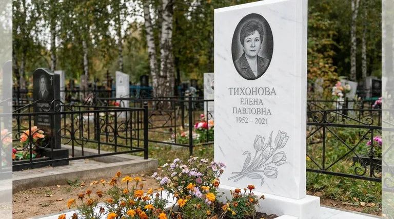 Памятник с гравировкой тюльпанов — выполненная работа «Тихонова» в Магнитогорске