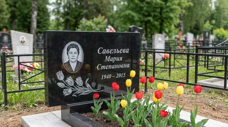 Памятник с гравировкой тюльпанов — выполненная работа «Савельева» в Магнитогорске