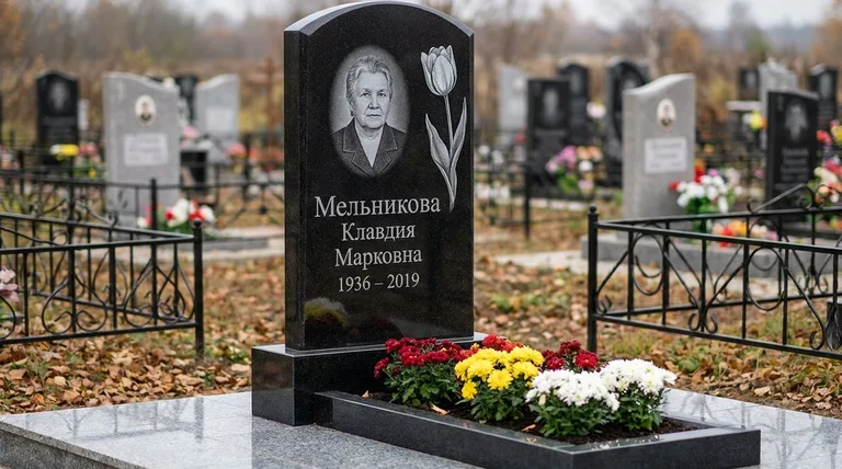Памятник с гравировкой тюльпанов — выполненная работа «Мельникова» в Магнитогорске