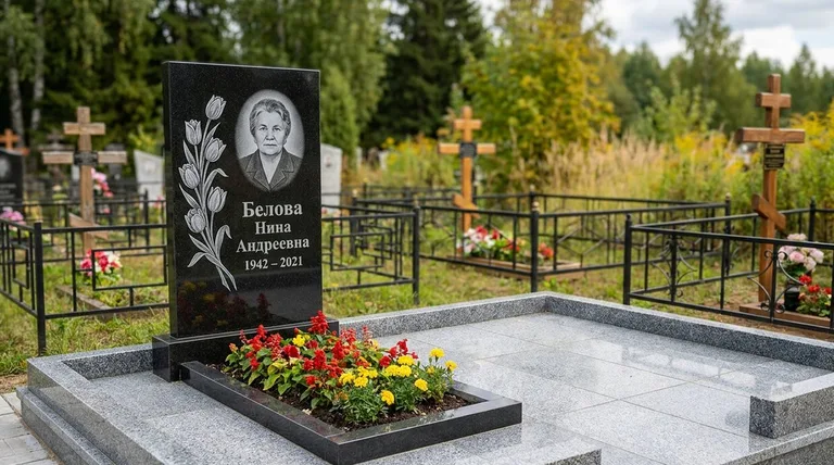 Памятник с гравировкой тюльпанов — выполненная работа «Белова» в Магнитогорске