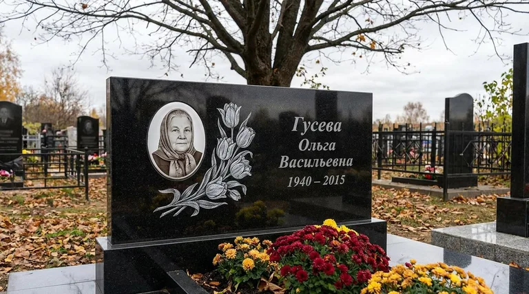 Памятник с гравировкой тюльпанов — выполненная работа «Гусева» в Магнитогорске