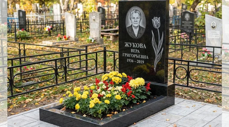 Памятник с гравировкой тюльпанов — выполненная работа «Жукова» в Магнитогорске