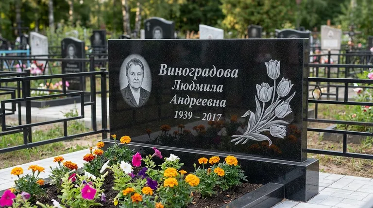 Памятник с гравировкой тюльпанов — выполненная работа «Виноградова» в Магнитогорске
