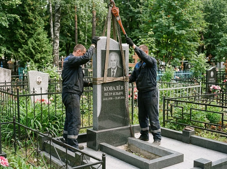 Демонтаж памятника на кладбище в Магнитогорске — бригада аккуратно снимает старый гранитный памятник с могилы