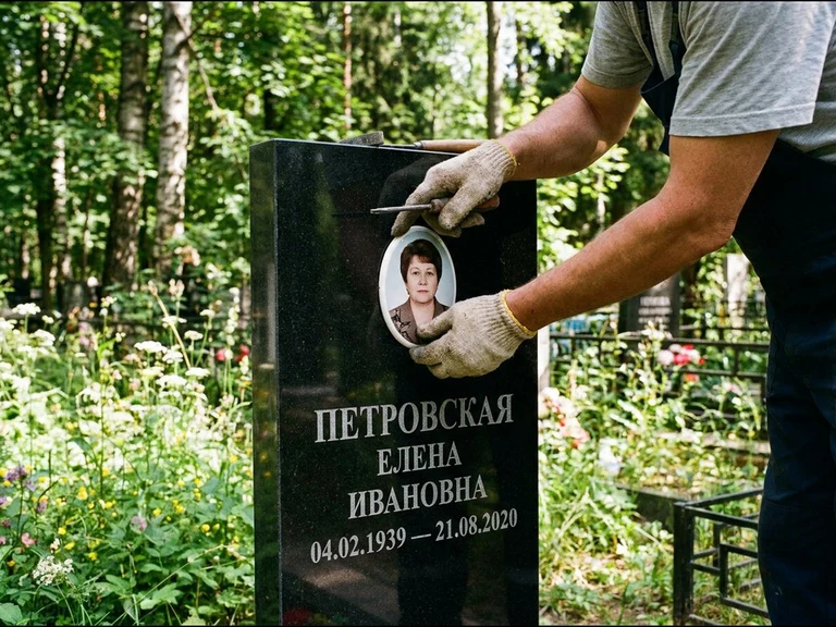 Фото на керамике на памятник в Магнитогорске — мастер устанавливает овальный керамический портрет на гранитный памятник