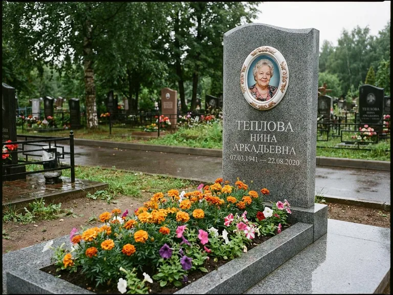 Керамический портрет на памятнике с цветами в Магнитогорске