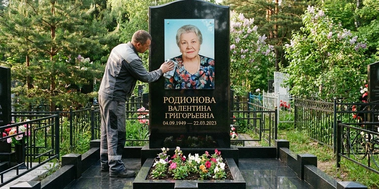Фотокерамика и печать фото на памятник в Магнитогорске — мастер устанавливает цветной портрет на стекле на гранитный памятник