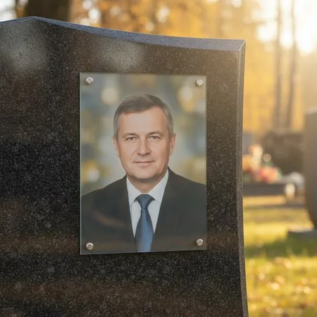 Портрет на стекле на держателях на чёрном граните в Магнитогорске
