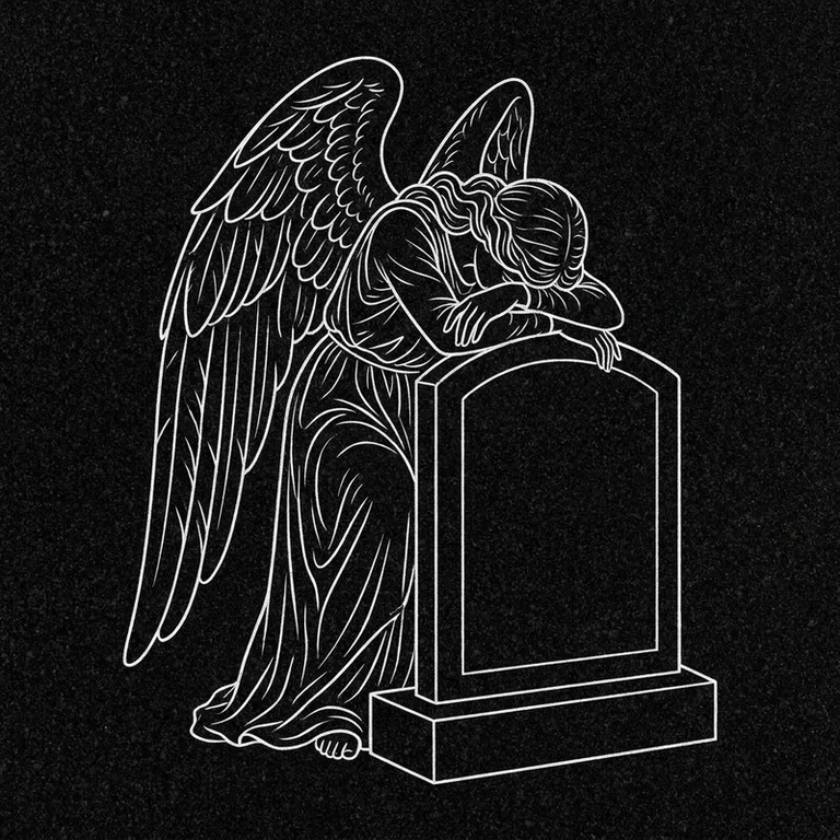 Эскиз гравировки ангела на памятник — печальный ангел у плиты в Магнитогорске