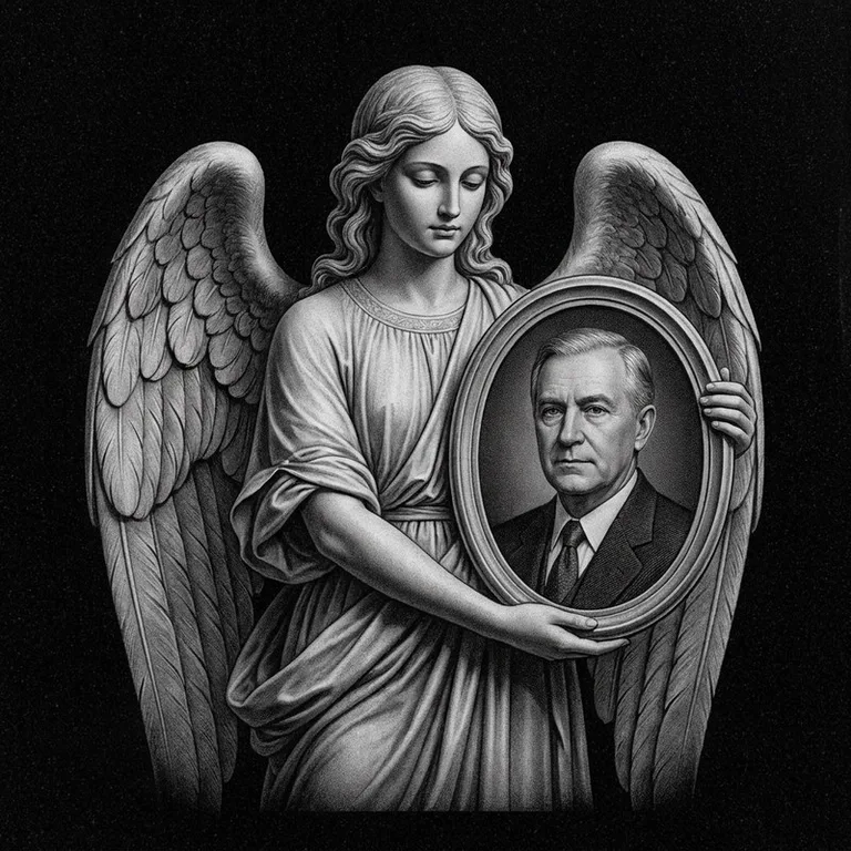 Эскиз гравировки ангела на памятник — объёмный ангел с портретом в Магнитогорске