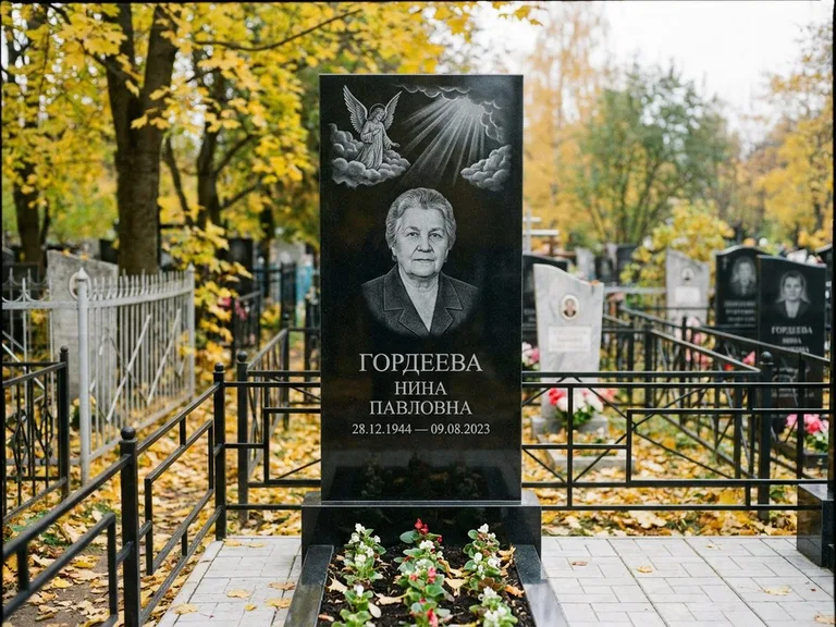 Памятник с гравировкой ангела — гравировка ангела в облаках с лучами над портретом, работа «Гордеева» в Магнитогорске