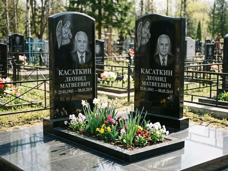 Памятник с гравировкой ангела — гравировка молящегося ангела в верхней части стелы, работа «Касаткин» в Магнитогорске