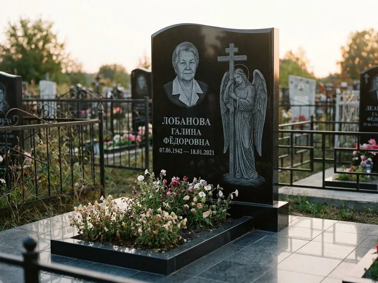 Памятник с гравировкой ангела — гравировка ангела с крестом рядом с эпитафией, работа «Лобанова» в Магнитогорске
