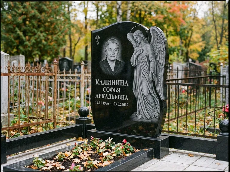 Памятник с гравировкой ангела — гравировка ангела с крестом рядом с эпитафией, работа «Игнатова» в Магнитогорске