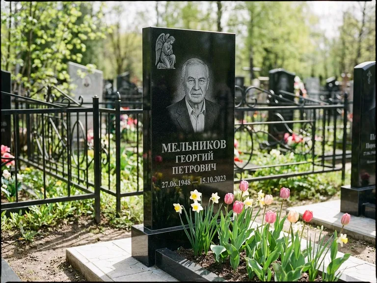 Памятник с гравировкой ангела — гравировка ангела с голубем по диагонали стелы, работа «Доронин» в Магнитогорске