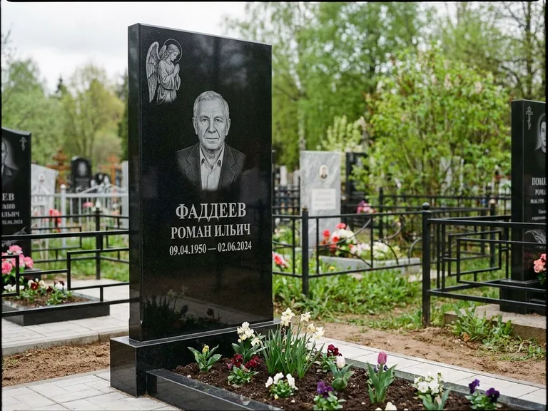 Памятник с гравировкой ангела — гравировка молящегося ангела в верхней части стелы, работа «Фаддеев» в Магнитогорске