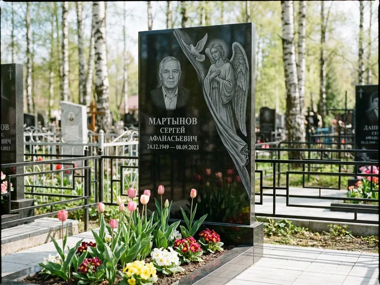 Памятник с гравировкой ангела — гравировка двух ангелов по сторонам портрета, работа «Касаткин» в Магнитогорске