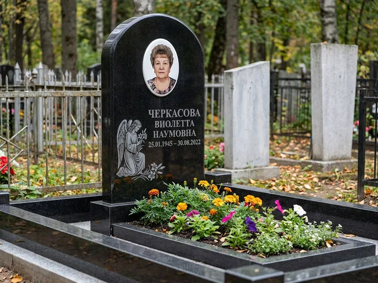 Памятник с гравировкой ангела — гравировка ангела с крестом рядом с эпитафией, работа «Журавлёва» в Магнитогорске