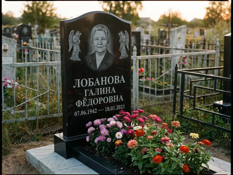 Памятник с гравировкой ангела — гравировка двух ангелов по сторонам портрета, работа «Лобанова» в Магнитогорске