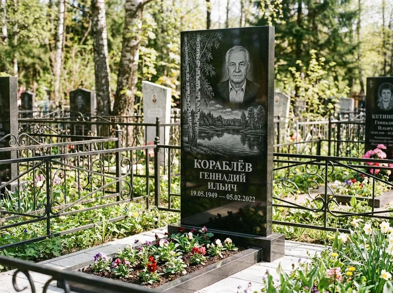 Памятник с гравировкой берёзы — гравировка берёзы у зеркального озера, работа «Кораблёв» в Магнитогорске