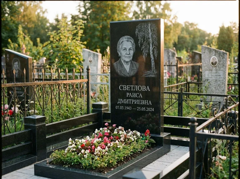 Памятник с гравировкой берёзы — гравировка плакучей берёзы с тонкими ветвями, работа «Светлова» в Магнитогорске
