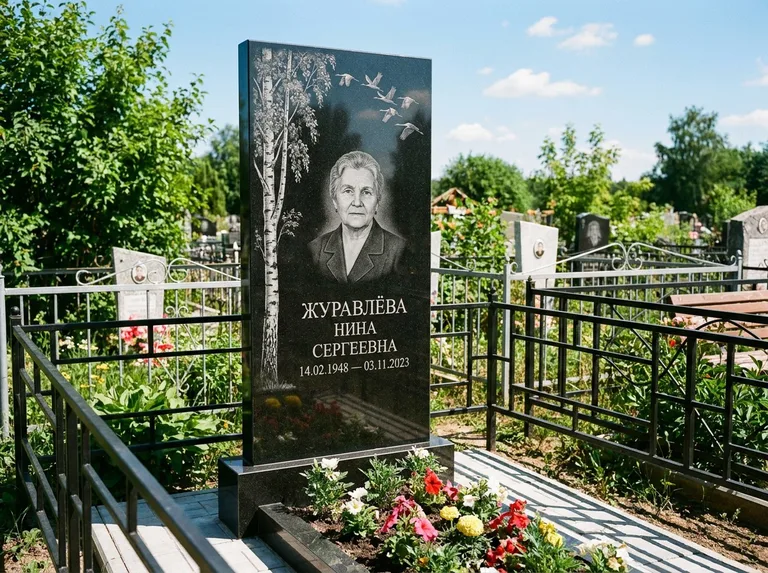 Памятник с гравировкой берёзы — гравировка берёзы с журавлиным клином в небе, работа «Журавлёва» в Магнитогорске