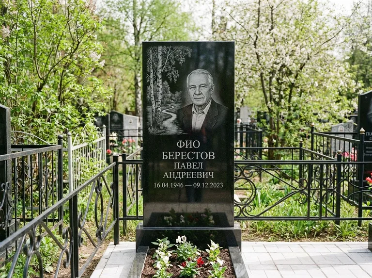 Памятник с гравировкой берёзы — гравировка берёзы у тропинки, уходящей вдаль, работа «Берестов» в Магнитогорске