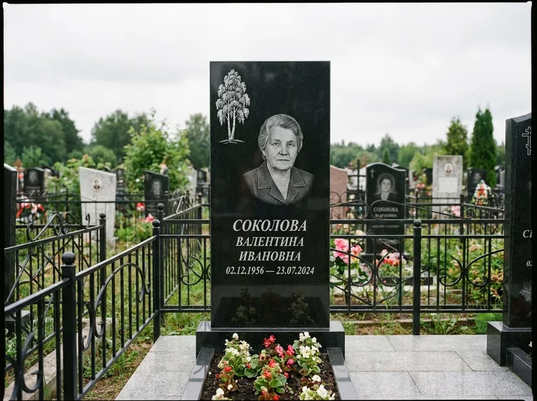 Памятник с гравировкой берёзы — гравировка одинокой берёзы над именем, работа «Соколова» в Магнитогорске