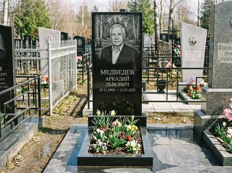 Памятник с гравировкой берёзы — гравировка берёзовой рощи в глубину, работа «Медведев» в Магнитогорске