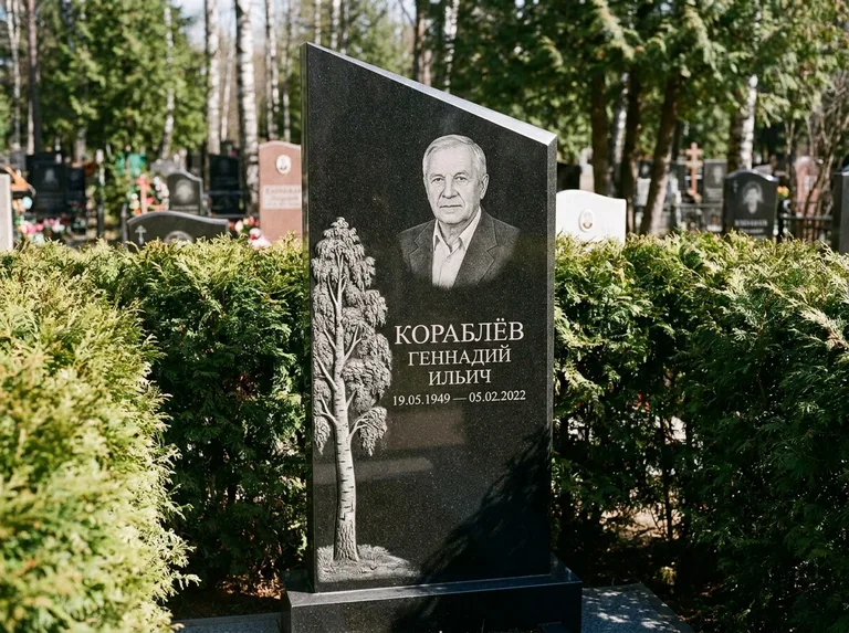 Памятник с гравировкой берёзы: асимметричная скошенная стела — объёмная одинокая берёза с фактурной корой, живая изгородь из туи, работа «Кораблёв» в Магнитогорске