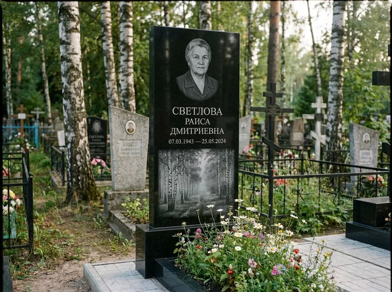 Памятник с гравировкой берёзы: двойная семейная стела — берёзовая роща в лёгкой дымке, цветник с полевыми цветами, работа «Светлова» в Магнитогорске