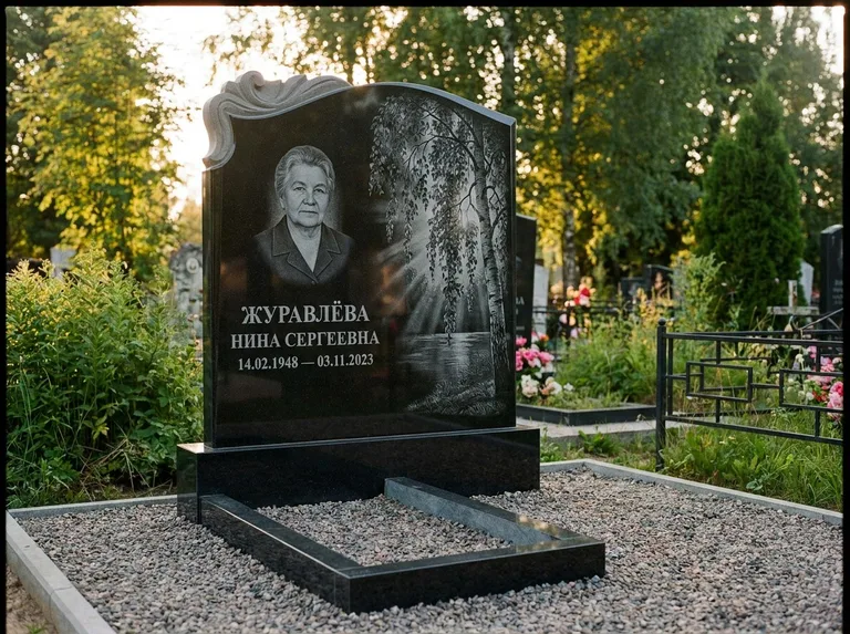 Памятник с гравировкой берёзы: стела с фигурным резным верхом — плакучая берёза в контровом свете, гравийная отсыпка, рассвет, работа «Журавлёва» в Магнитогорске
