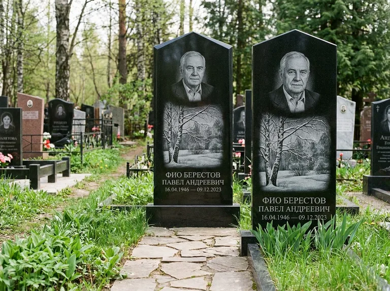 Памятник с гравировкой берёзы: массивная стела с двускатным навершием — зимняя берёза, снег на ветвях, дорожка из природного плитняка, работа «Берестов» в Магнитогорске