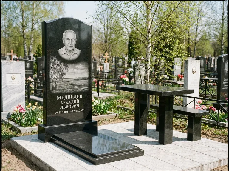Памятник с гравировкой берёзы: стела с гранитным столиком и скамьёй — берёза у поля, простор до горизонта, семейный участок с плиткой, работа «Медведев» в Магнитогорске