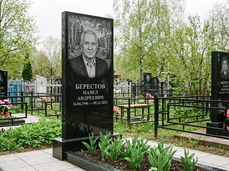 Памятник с гравировкой берёзы — гравировка берёзовой рощи в глубину, работа «Берестов» в Магнитогорске