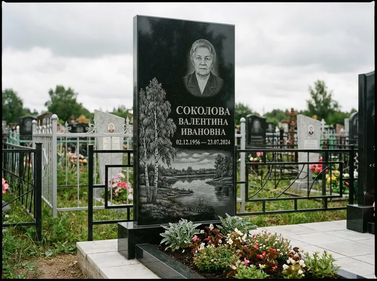 Памятник с гравировкой берёзы — гравировка берёзы у зеркального озера, работа «Соколова» в Магнитогорске