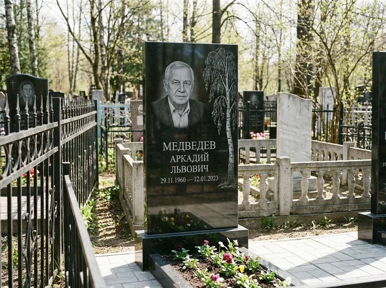 Памятник с гравировкой берёзы — гравировка плакучей берёзы с тонкими ветвями, работа «Медведев» в Магнитогорске