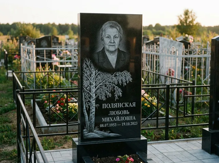 Памятник с гравировкой берёзы — гравировка зимней берёзы в инее, работа «Полянская» в Магнитогорске