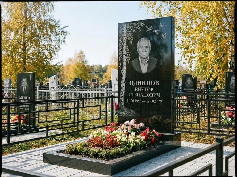 Памятник с гравировкой берёзы — гравировка берёзы с журавлиным клином в небе, работа «Одинцов» в Магнитогорске