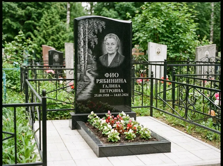 Памятник с гравировкой берёзы — гравировка берёзы у тропинки, уходящей вдаль, работа «Рябинина» в Магнитогорске