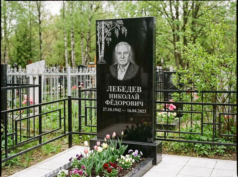 Памятник с гравировкой берёзы — гравировка одинокой берёзы над именем, работа «Лебедев» в Магнитогорске