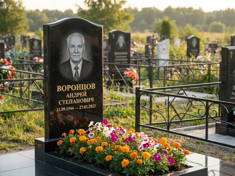 Гравировка фото на памятнике в Магнитогорске — готовый гравированный портрет на чёрном граните