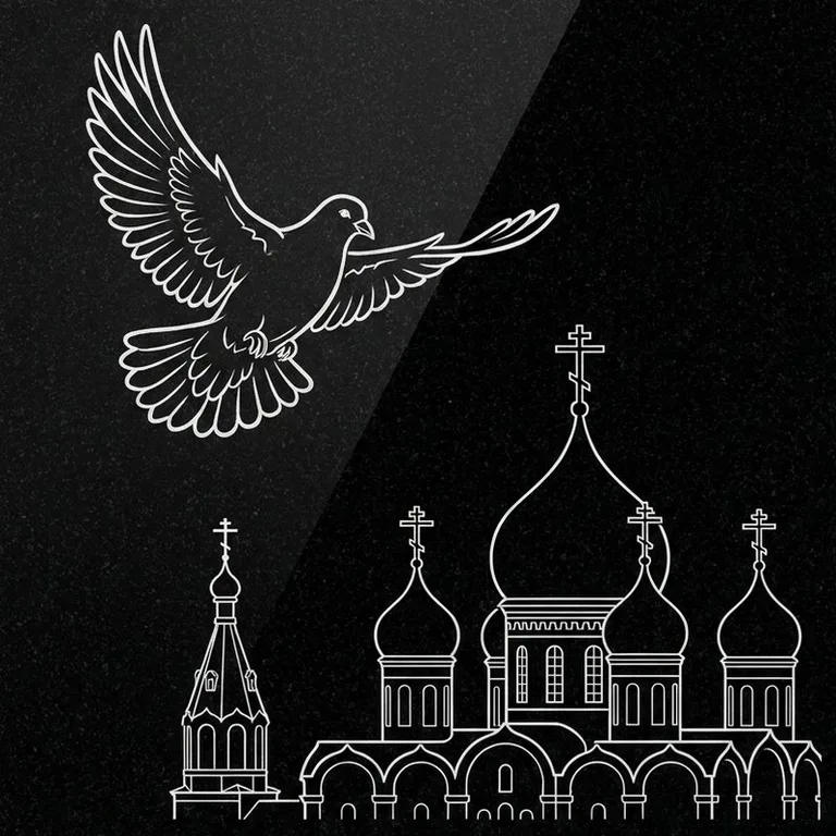 Эскиз гравировки голубей на памятник — голубь в небе над храмом в Магнитогорске