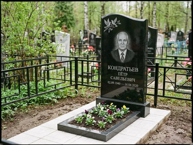 Памятник с гравировкой голубей — гравировка пары голубей на ветке в верхнем углу стелы, работа «Кондратьев» в Магнитогорске