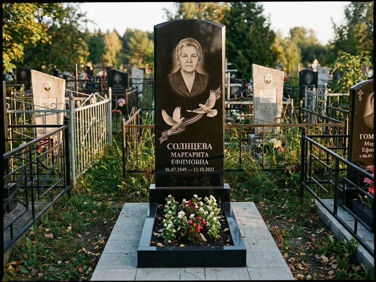 Памятник с гравировкой голубей — гравировка двух летящих голубей с лентой по диагонали стелы, работа «Солнцева» в Магнитогорске