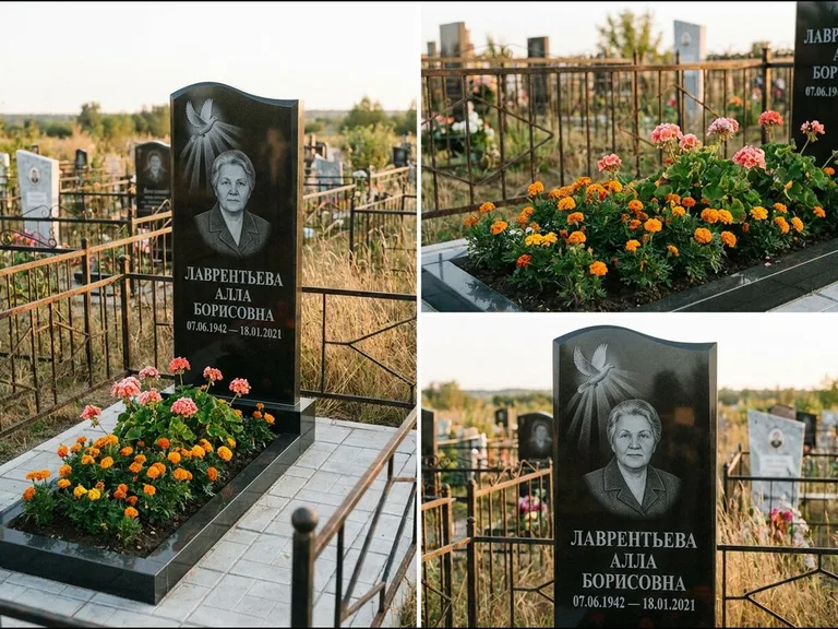 Памятник с гравировкой голубей — гравировка голубя в лучах света над портретом, работа «Лаврентьева» в Магнитогорске