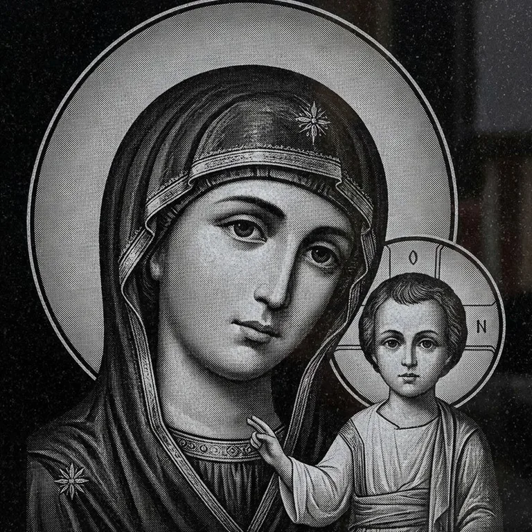 Эскиз иконы: Казанская (полутон) — детальный образ Богородицы, гравировка на памятник в Магнитогорске